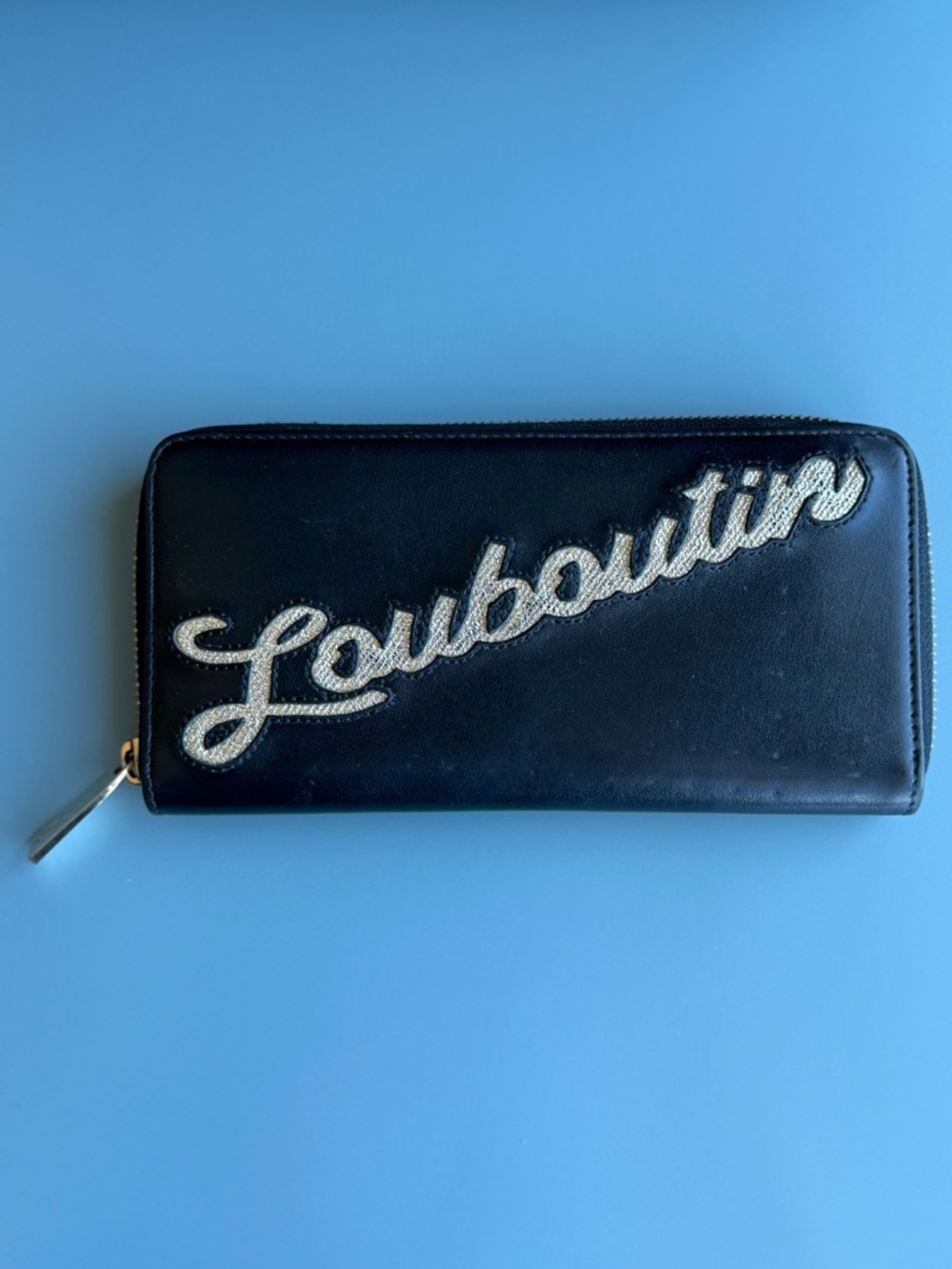 Christian Louboutin Panettone Wallet, Black With Gold Embroidered Logo, RARE